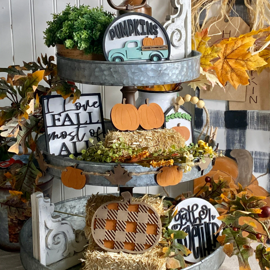 tiered tray decor, Fall tiered tray bundle, fall tiered tray, Vintage Truck with Pumpkins.
