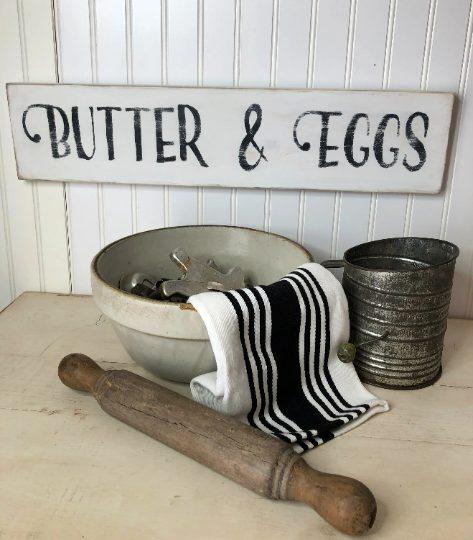 Wooden sign	Farmhouse Style	Vintage Inspired	Butter and Eggs	White Distressed	Farmhouse decor	Kitchen Decor	Dining Room Decor	Wall Decor	Modern Farmhouse	Signs	Home Decor	Country Decor