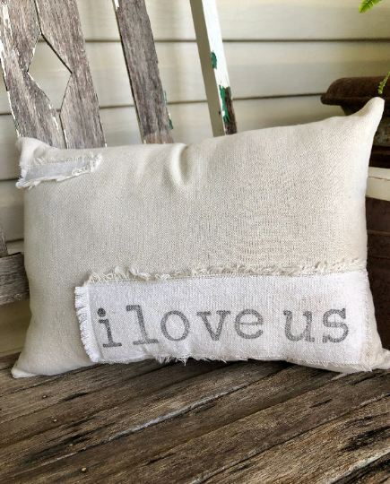 Patched Pillow, Farmhouse Pillow, Shabby Chic, Vintage Inspired Pillow,  I Love Us Pillow