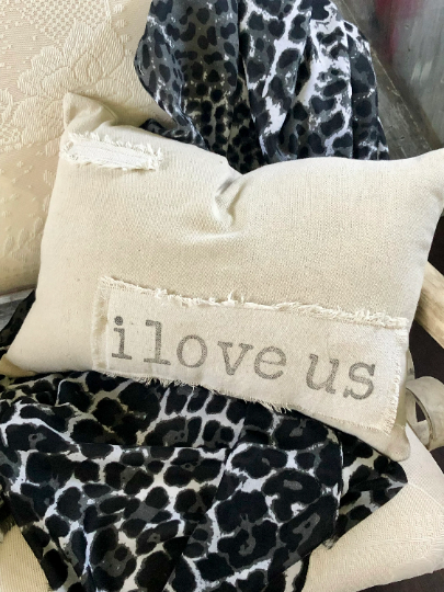 I Love Us Pillow	Farmhouse Decor	Accent Pillow	Canvas Pillow	Bedroom Decor	Housewarming Gift	Decorative Pillow	Throw Pillow	Vintage Inspired	Frayed Edges	Drop Cloth Pillow	patched pillow