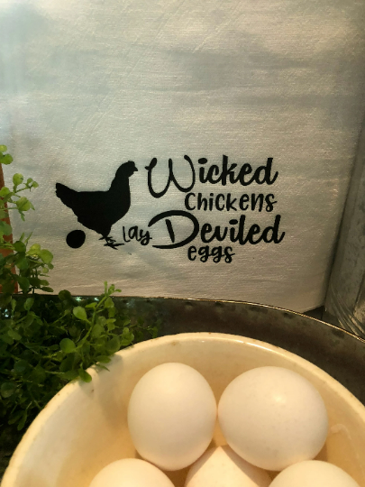 Flour Sack Towel	Farmhouse Dish Towel	Chicken Towel	Cotton Dish Towel	Humorous	Wicked Chicken	Lay Deviled Eggs	Chicken	Kitchen Decor	Farmhouse kitchen	Chicken Tea Towel